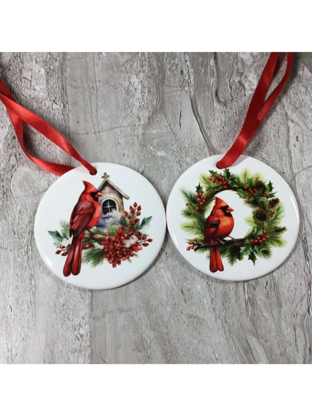 Set Of 2 Cardinal Christmas Ceramic Ornaments With Red Ribbon For Hanging